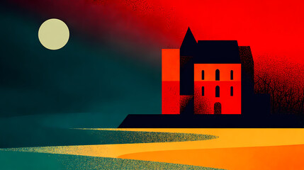 Wall Mural - Abandoned mansion at night under a full moon. Constructed Stillness. Illustration