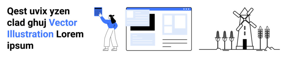 Woman holding a folder near a webpage layout, traditional windmill, and wheat plants. Ideal for web development, documentation, agriculture, eco-living, organization, renewable energy simple landing