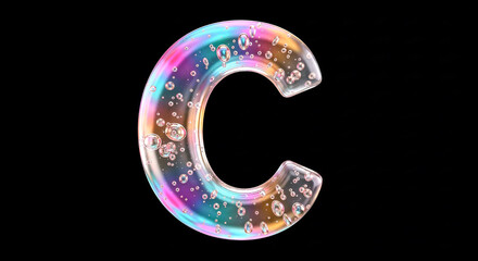 Leinwandbilder - Iridescent soap bubble letter c floating on black background