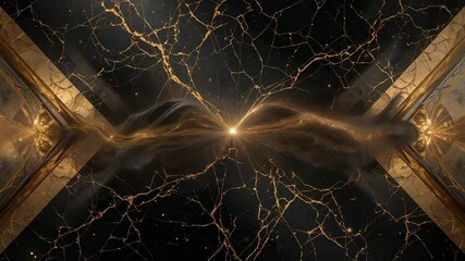Poster - Golden Energy Waves and Cracks on Black Marble Background Video