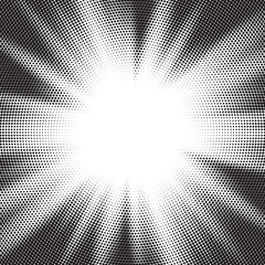 Leinwandbilder - Halftone gradient sun rays pattern. Abstract halftone vector dots background. monochrome dots pattern. Vector background in comic book style with sunburst rays and halftone. Retro pop art design.