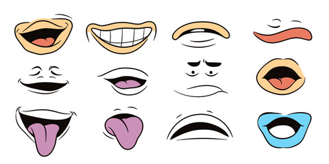 Poster - Set of twelve cartoon hand drawn mouths and tongues with various happy, sad, funny, and sarcastic expressions in flat minimalist vector style for emoji and comic design