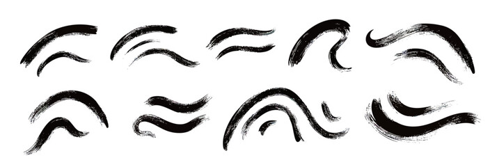 Poster - Set of black hand drawn brush stroke waves and swirls ink calligraphy elements isolated on white background with squiggly curved shapes and textured paint lines in minimalist style vector illustration