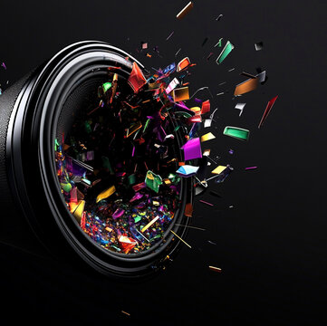 speaker on a black background with colored waves flying out