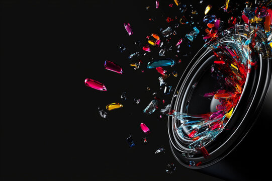 speaker on a black background with colored waves flying out