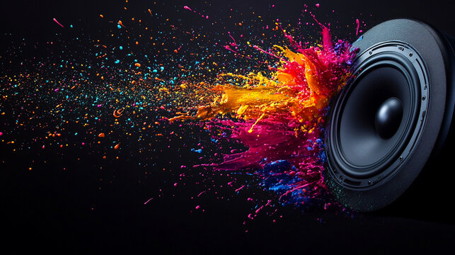 speaker on a black background with colored waves flying out