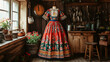 © john - Elegant Hungarian Matyo folk dress with vibrant floral embroidery displayed in rustic wooden room historic craftsmanship