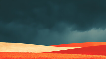 Wall Mural - Dramatic storm clouds over windy grass field in rural landscape. Tension Field. Illustration