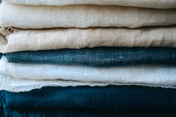 Poster - Close-up of neatly folded linen fabrics in neutral tones, showcasing texture and color variations.