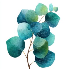 Poster - hand drawn eucalyptus branch watercolor Colorful abstract leaves arranged artistically on a branch. white background