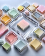 Poster - Flat lay pastel colored notepad Colorful geometric patterns of pastel squares and round shapes on a white background.