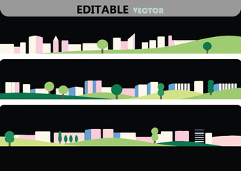 Poster - Three Minimalist Cityscape Banners with Pastel Buildings and Trees on Hillsides Vector Illustration