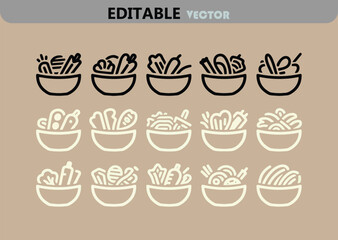 Poster - Variety of Salad Bowls Line Art Icons in Black and White for Healthy Eating Concepts
