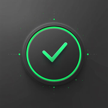 Elegant Green Checkmark Icon: A modern, close-up of a 3D rendered check mark icon, illuminated with a soft green glow, perfect for websites, apps and digital graphics.