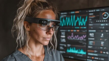 Poster - A woman wearing augmented reality glasses analyzes digital data on a futuristic screen with graphs and statistics.