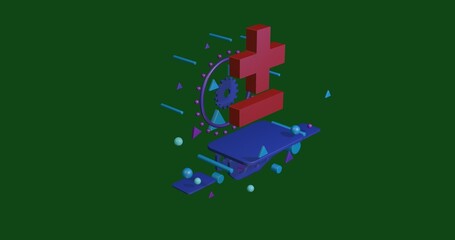 Poster - Red plus–minus sign on a pedestal of abstract geometric shapes floating in the air. Abstract concept art with flying shapes in the center. 3d illustration on green background