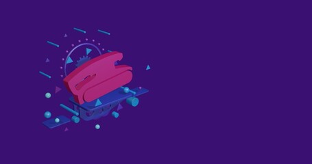Poster - Pink sanding symbol on a pedestal of abstract geometric shapes floating in the air. Abstract concept art with flying shapes on the left. 3d illustration on deep purple background