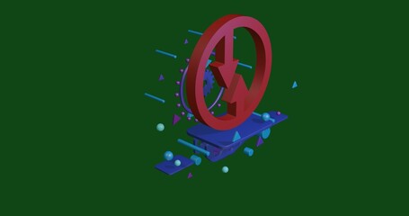 Poster - Red advantage of oncoming traffic sign on a pedestal of abstract geometric shapes floating in the air. Abstract concept art with flying shapes in the center. 3d illustration on green background