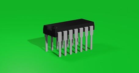 Poster - Isolated realistic black integrated circuit symbol front view with shadow. 3d illustration on green chroma key background