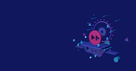 Poster - Pink fast forward symbol on a pedestal of abstract geometric shapes floating in the air. Abstract concept art with flying shapes on the right. 3d illustration on indigo background