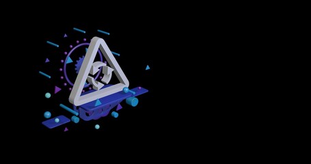 Poster - White roundabout sign on a pedestal of abstract geometric shapes floating in the air. Abstract concept art with flying shapes on the left. 3d illustration on black background