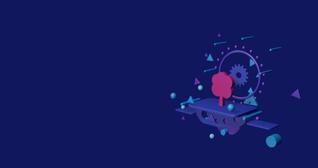 Poster - Pink tree symbol on a pedestal of abstract geometric shapes floating in the air. Abstract concept art with flying shapes on the right. 3d illustration on indigo background