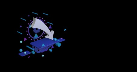 Poster - White down arrow on a pedestal of abstract geometric shapes floating in the air. Abstract concept art with flying shapes on the left. 3d illustration on black background