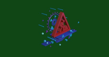 Poster - Red road work sign on a pedestal of abstract geometric shapes floating in the air. Abstract concept art with flying shapes in the center. 3d illustration on green background