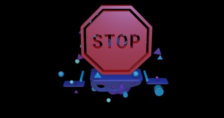 Poster - Red stop road sign on a pedestal of abstract geometric shapes floating in the air. Abstract concept art with flying shapes in the center. 3d illustration on black background