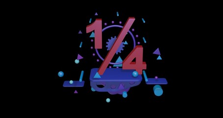 Poster - Red quarter fraction symbol on a pedestal of abstract geometric shapes floating in the air. Abstract concept art with flying shapes in the center. 3d illustration on black background