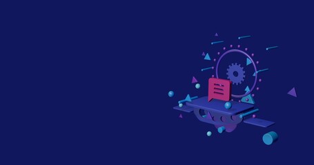 Poster - Pink chat symbol on a pedestal of abstract geometric shapes floating in the air. Abstract concept art with flying shapes on the right. 3d illustration on indigo background