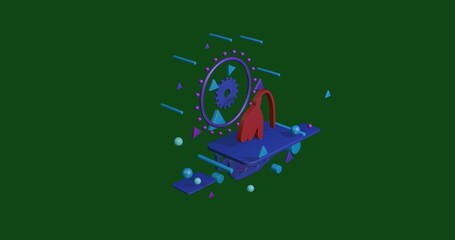 Poster - Red snowdrop on a pedestal of abstract geometric shapes floating in the air. Abstract concept art with flying shapes in the center. 3d illustration on green background