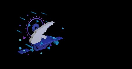 Poster - White angle grinder symbol on a pedestal of abstract geometric shapes floating in the air. Abstract concept art with flying shapes on the left. 3d illustration on black background
