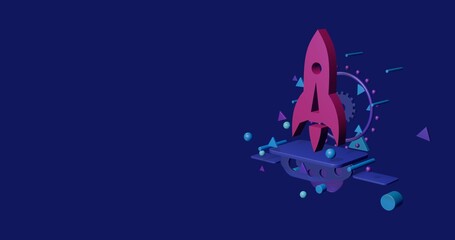 Poster - Pink rocket on a pedestal of abstract geometric shapes floating in the air. Abstract concept art with flying shapes on the right. 3d illustration on indigo background