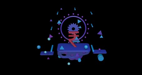 Poster - Red indian rupee symbol on a pedestal of abstract geometric shapes floating in the air. Abstract concept art with flying shapes in the center. 3d illustration on black background