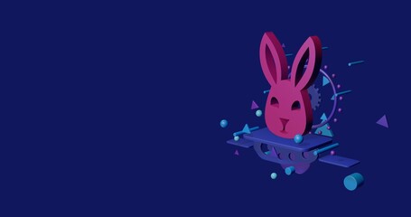Poster - Pink cute hare head symbol on a pedestal of abstract geometric shapes floating in the air. Abstract concept art with flying shapes on the right. 3d illustration on indigo background
