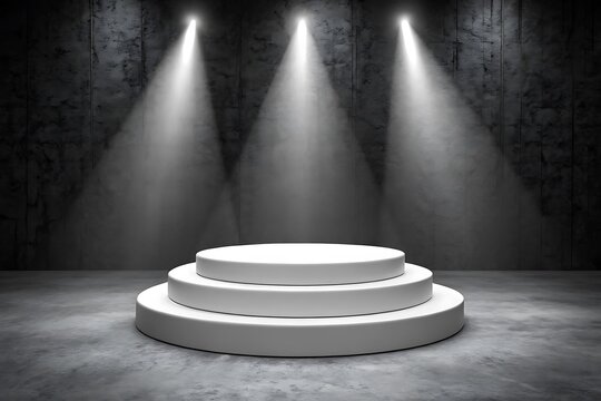 spotlight stage, empty podium, black background, dramatic lighting, circular platform, minimalist design, high contrast, theatrical atmosphere, 3D rendering, cinematic, anticipation, showcase, perform