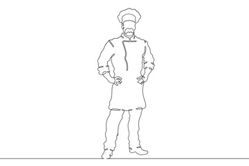 Poster - Continuous one line drawing  Male chef in a hat. Chef in the kitchen. The cook is cooking.One continuous line isolated minimal illustration.Not AI.