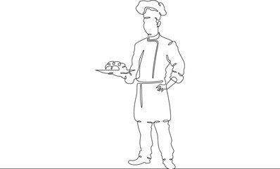 Poster - Continuous one line drawing  Male chef in a hat. Chef in the kitchen. The cook is cooking.One continuous line isolated minimal illustration.Not AI.