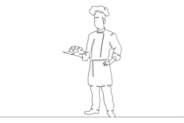 Poster - Continuous one line drawing  Male chef in a hat. Chef in the kitchen. The cook is cooking.One continuous line isolated minimal illustration.Not AI.