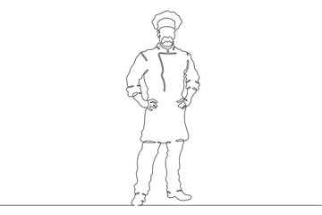Poster - Continuous one line drawing  Male chef in a hat. Chef in the kitchen. The cook is cooking.One continuous line isolated minimal illustration.Not AI.