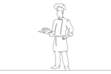 Poster - Continuous one line drawing  Male chef in a hat. Chef in the kitchen. The cook is cooking.One continuous line isolated minimal illustration.Not AI.