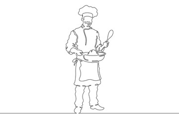 Poster - Continuous one line drawing  Male chef in a hat. Chef in the kitchen. The cook is cooking.One continuous line isolated minimal illustration.Not AI.