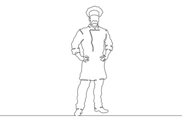 Poster - Continuous one line drawing  Male chef in a hat. Chef in the kitchen. The cook is cooking.One continuous line isolated minimal illustration.Not AI.