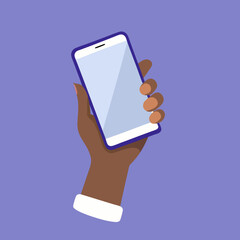 Wall Mural - Dark Skin Hand Holding Smartphone with Blank Screen on Purple Background