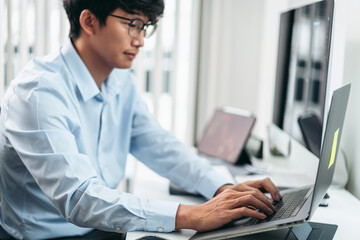 Poster - Businessman investor working with computer, tablet and analyzing graph stock market trading planning with chart data financial investment planning