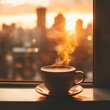 © Inai - Cozy coffee cup with steam rising by a window, overlooking a cityscape at sunset with warm bokeh lights. Urban lifestyle or morning inspiration themes.