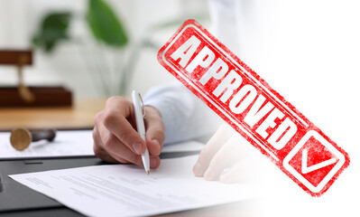 Fototapete - Man signing document at table in office and red stamp Approved, banner design
