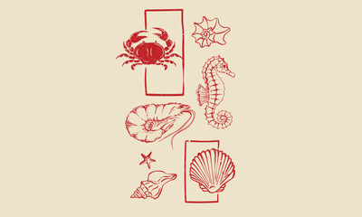 Wall Mural - Seahorse, crab, and prawn. Ocean fish artwork for t shirt print, poster, sticker and other uses. Stay salty. Seafood club. Fish vintage artwork.