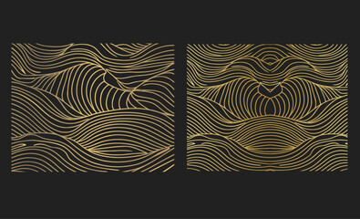 Wall Mural - Abstract wave golden line vector patterns set. Art deco fancy art posters and japanese luxury graphic design. For wine package and wedding invitation